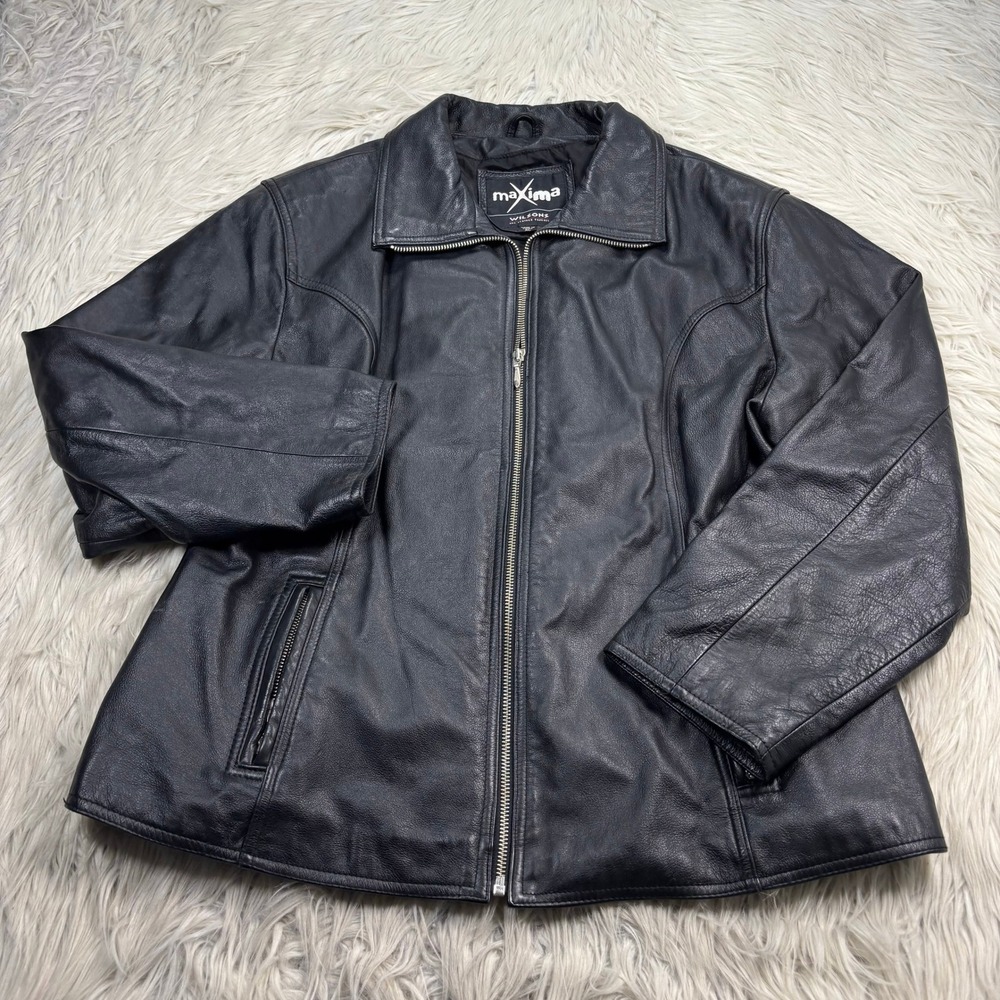 Vintage Wilsons Maxima Women's XL Black Leather Zip Front Jacket Biker Moto 90's